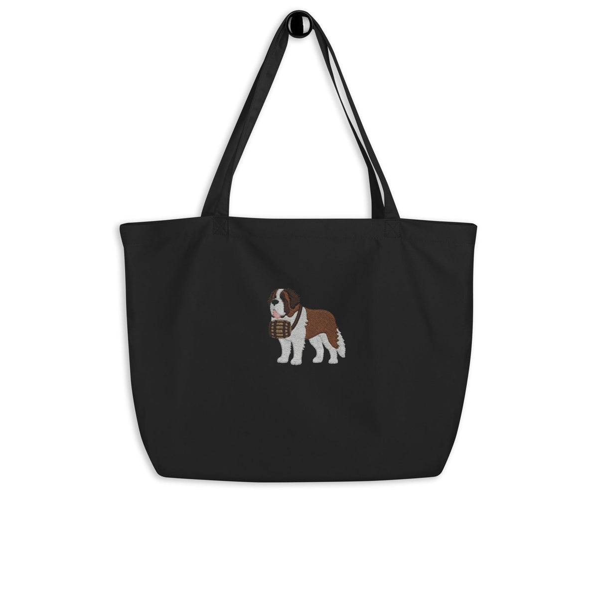 Large black organic tote bag embroidered with a detailed Saint Bernard with a barrel around its neck by Lucy and Norman.
