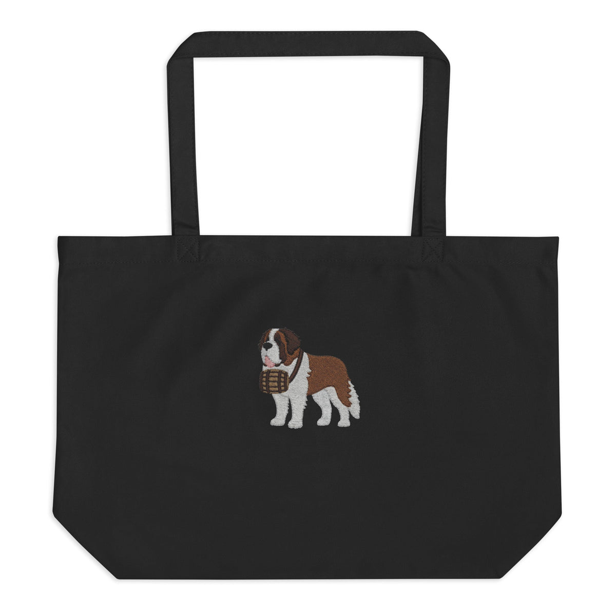 Large black organic tote bag embroidered with a detailed Saint Bernard with a barrel around its neck by Lucy and Norman.
