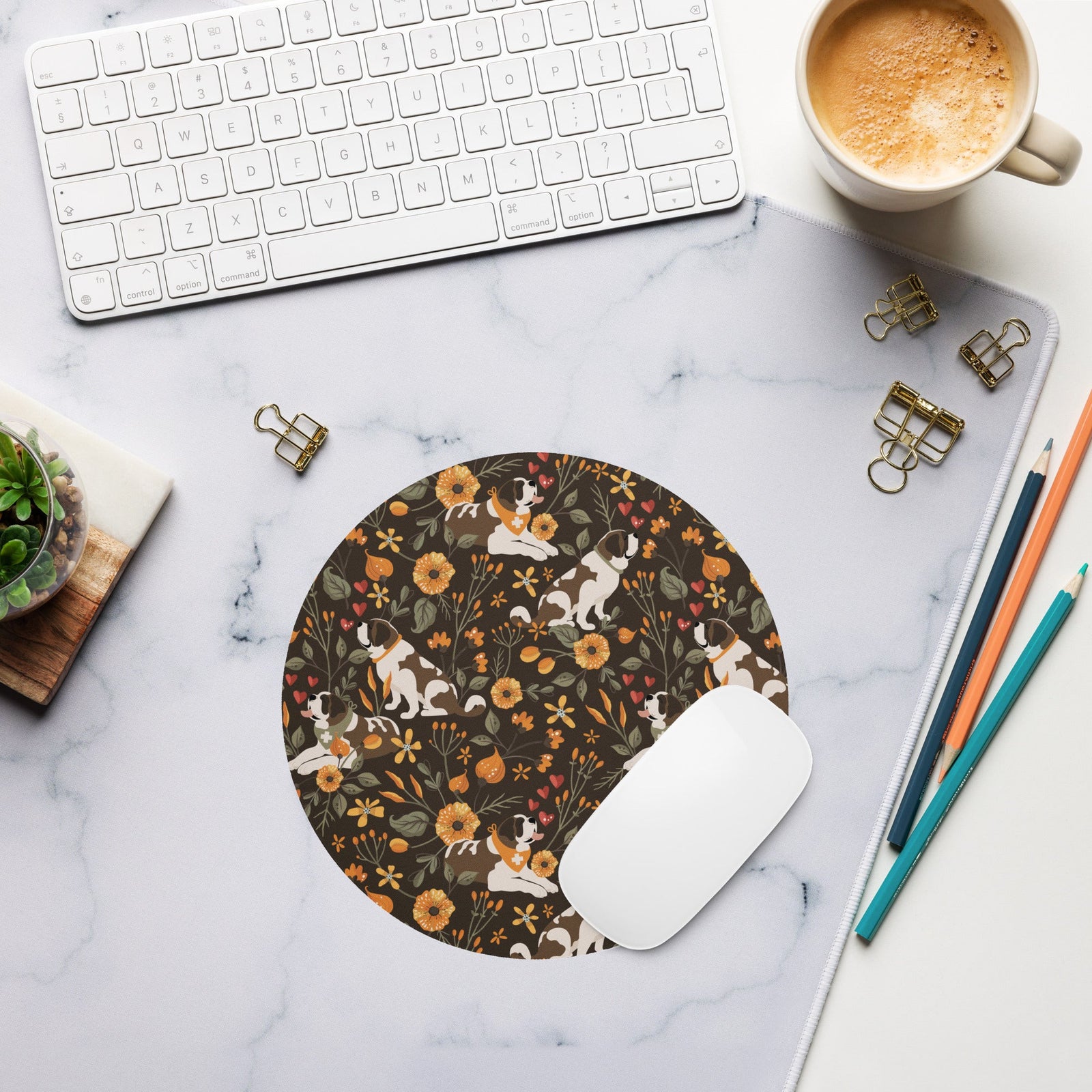 Fall Meadow Saint Bernard Round Mouse Pad - Lucy + Norman
