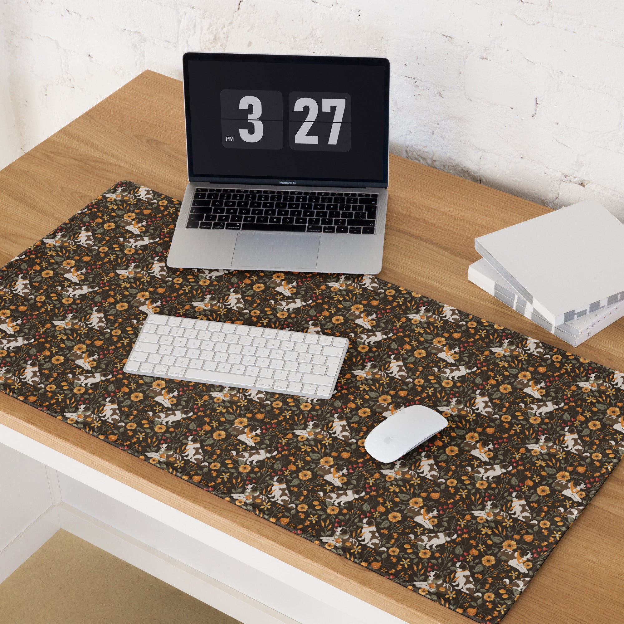 XL desk mat with Saint Bernard fall floral pattern — dark brown background with orange and yellow flowers — cozy autumn Saint gift.