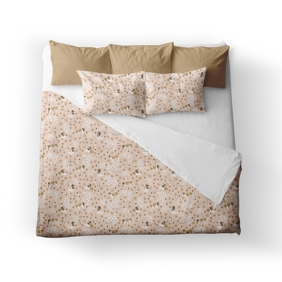 An illustrated Saint Bernard dog and Forget Me Not Flower pattern on a light peach-pink soft cotton duvet cover that is naturally luxurious and only gets softer with wash and use.