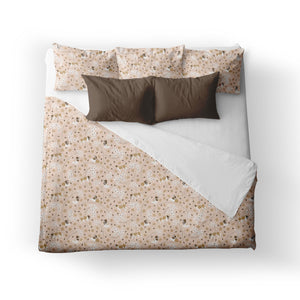 An illustrated Saint Bernard dog and Forget Me Not Flower pattern on a light peach-pink soft cotton duvet cover that is naturally luxurious and only gets softer with wash and use.