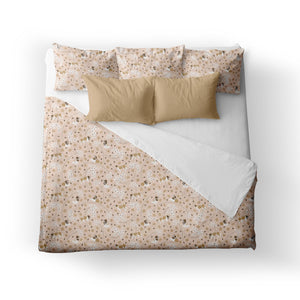 An illustrated Saint Bernard dog and Forget Me Not Flower pattern on a light peach-pink soft cotton duvet cover that is naturally luxurious and only gets softer with wash and use.