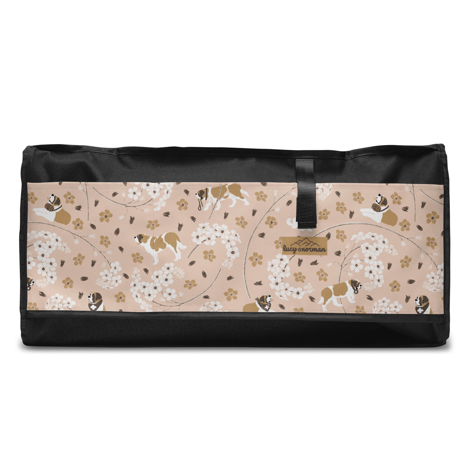 Floral Saint Bernard duffle bag with adjustable padded black shoulder strap, dual carry handles, zippered compartments, and mesh side pocket in white, brown, gold, and soft pink.