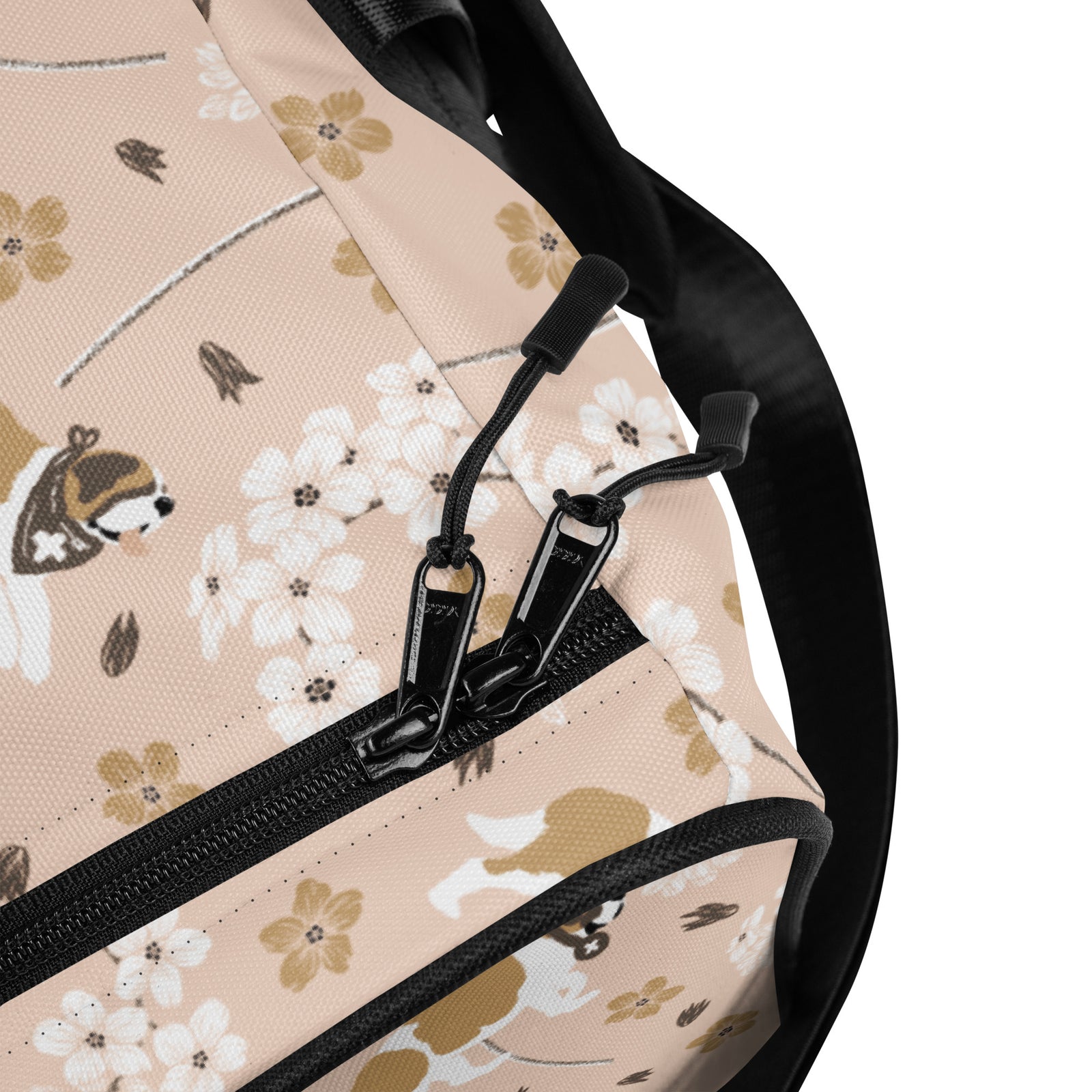 Floral Saint Bernard duffle bag with adjustable padded black shoulder strap, dual carry handles, zippered compartments, and mesh side pocket in white, brown, gold, and soft pink.
