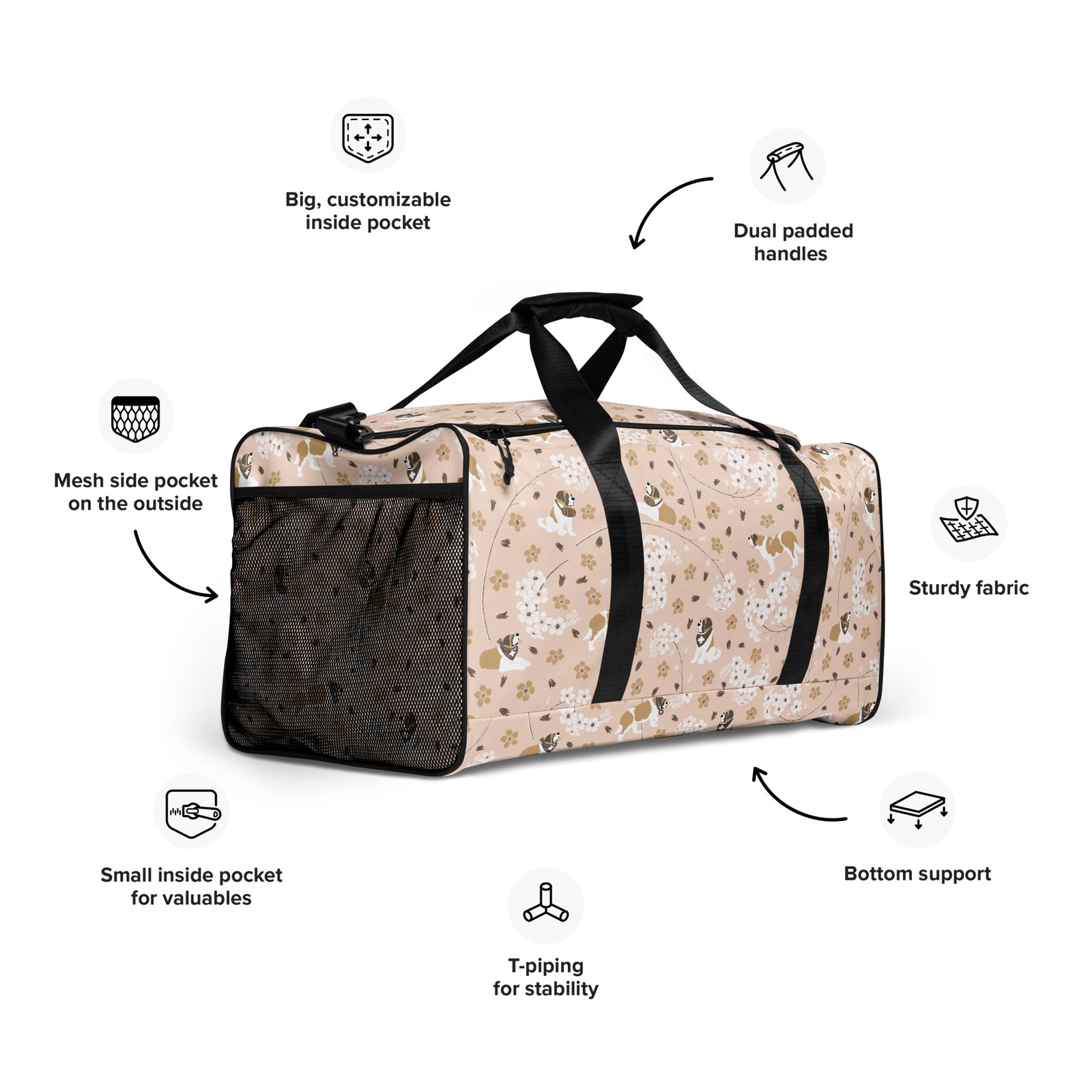 Floral Saint Bernard duffle bag with adjustable padded black shoulder strap, dual carry handles, zippered compartments, and mesh side pocket in white, brown, gold, and soft pink.