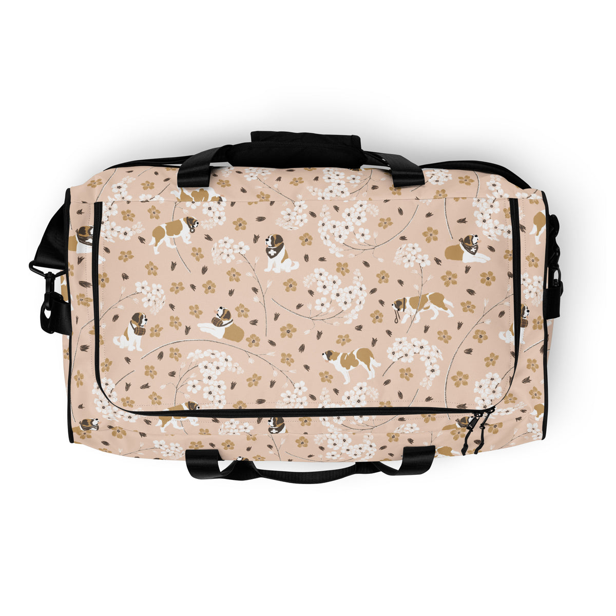 Floral Saint Bernard duffle bag with adjustable padded black shoulder strap, dual carry handles, zippered compartments, and mesh side pocket in white, brown, gold, and soft pink.
