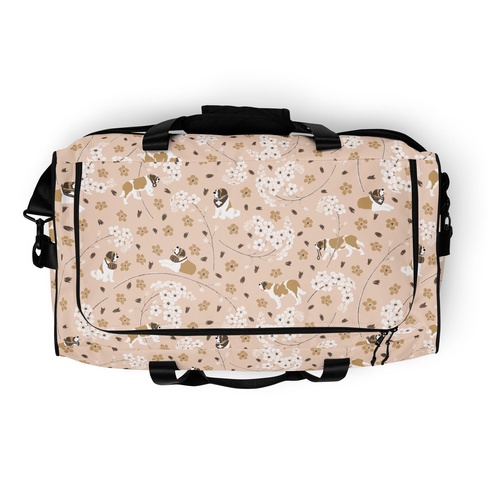Floral Saint Bernard duffle bag with adjustable padded black shoulder strap, dual carry handles, zippered compartments, and mesh side pocket in white, brown, gold, and soft pink.
