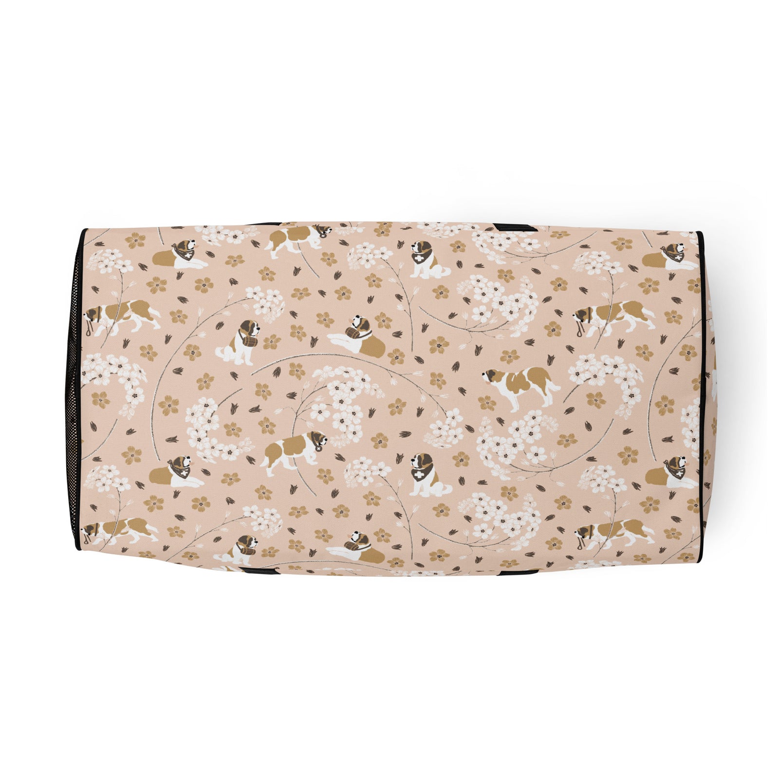 Floral Saint Bernard duffle bag with adjustable padded black shoulder strap, dual carry handles, zippered compartments, and mesh side pocket in white, brown, gold, and soft pink.