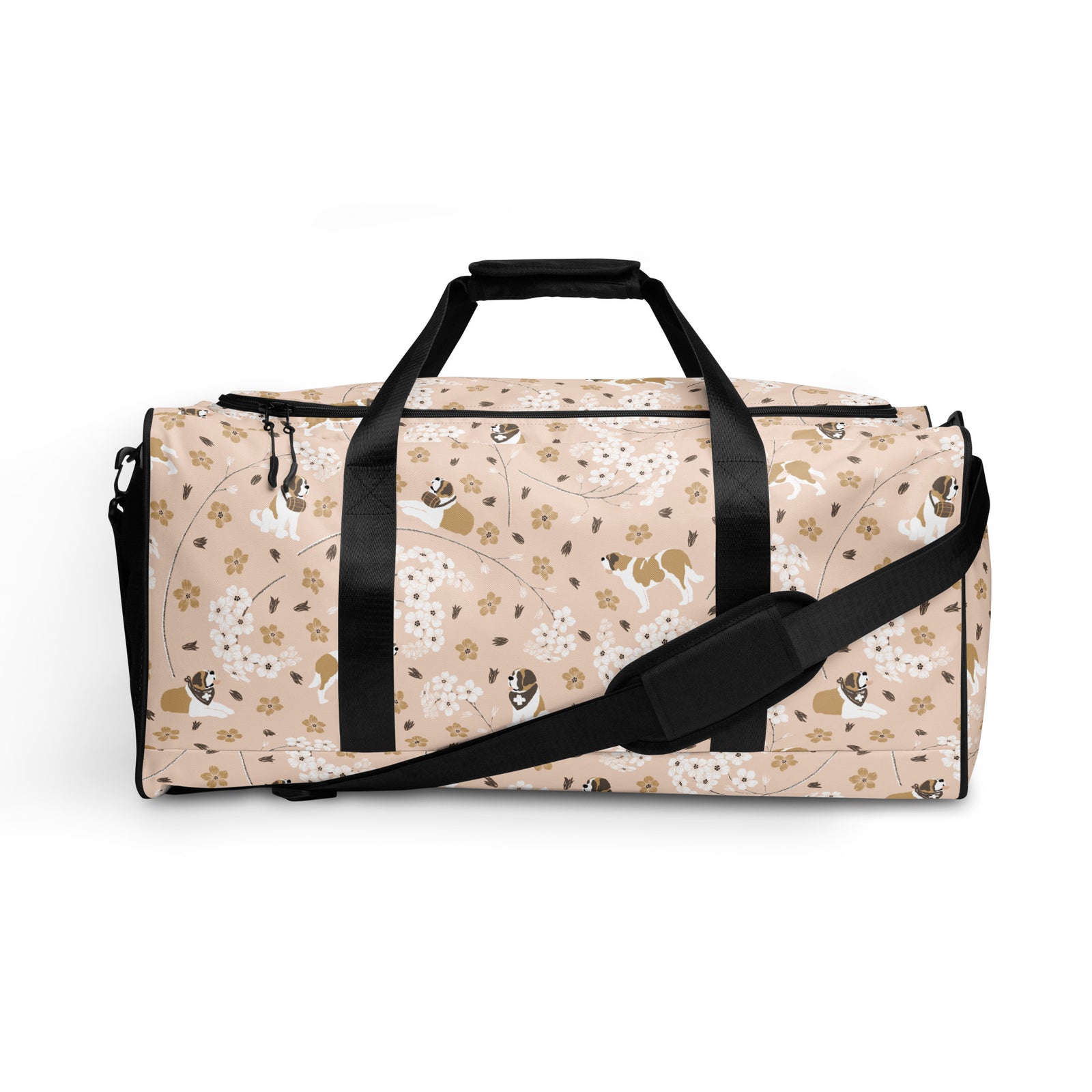 Floral Saint Bernard duffle bag with adjustable padded black shoulder strap, dual carry handles, zippered compartments, and mesh side pocket in white, brown, gold, and soft pink.