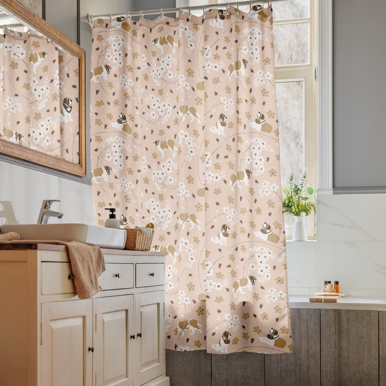 Forget Me Not Saint Bernard Shower Curtain - Lucy + Norman