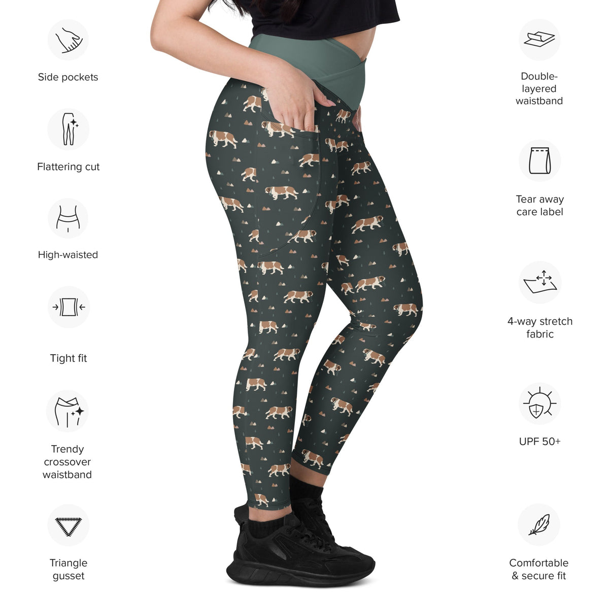 Green Mountain Crossover Leggings with Pockets - Lucy + Norman