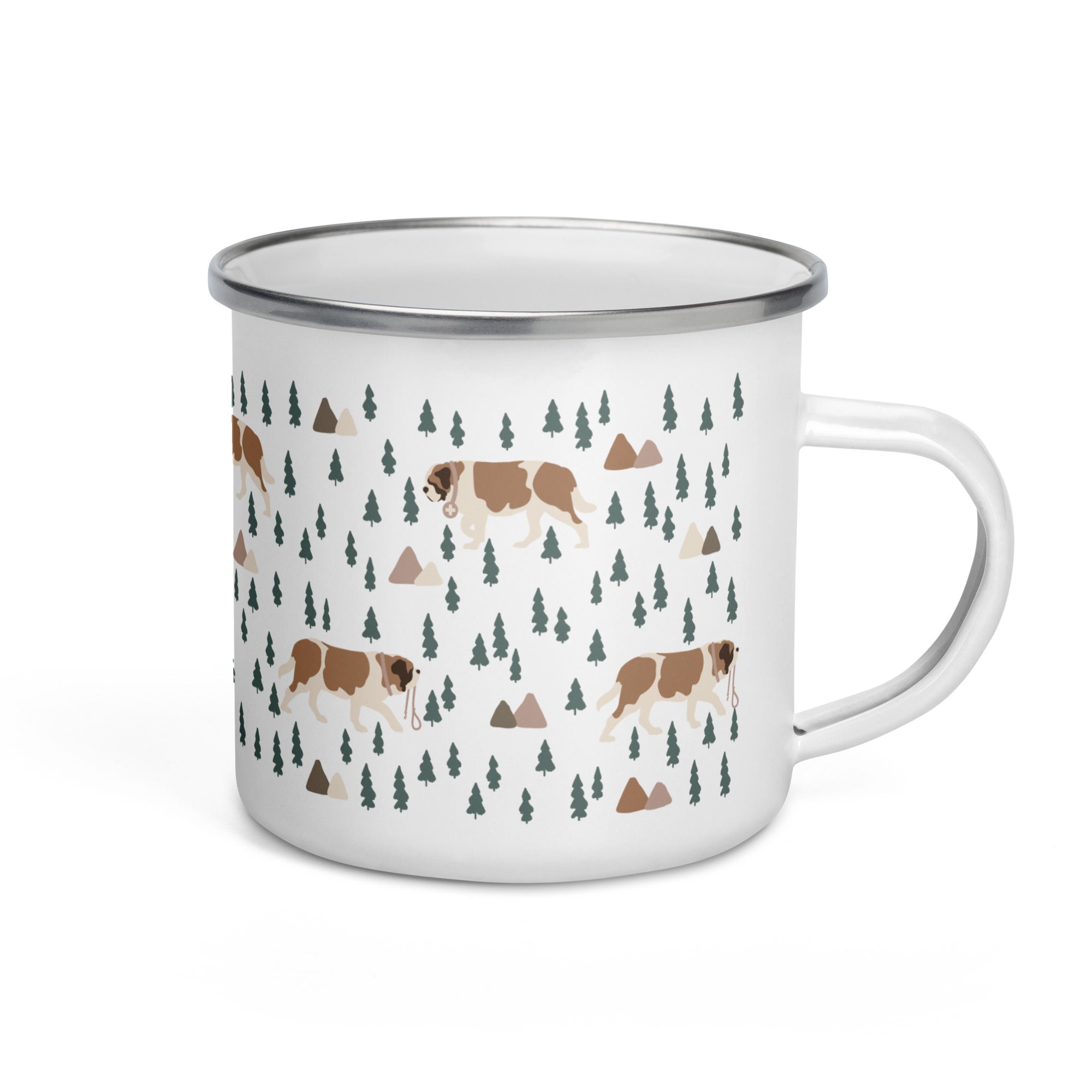 Lightweight 12 oz enamel camp mug. Features a modern pattern of Saint Bernard dogs, mountains and pine trees on a white background by Lucy and Norman