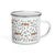 Lightweight 12 oz enamel camp mug. Features a modern pattern of Saint Bernard dogs, mountains and pine trees on a white background by Lucy and Norman