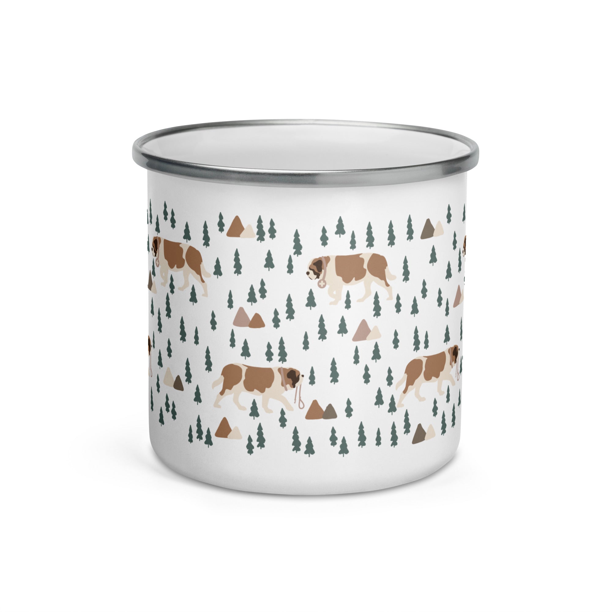 Lightweight 12 oz enamel camp mug. Features a modern pattern of Saint Bernard dogs, mountains and pine trees on a white background by Lucy and Norman