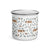Lightweight 12 oz enamel camp mug. Features a modern pattern of Saint Bernard dogs, mountains and pine trees on a white background by Lucy and Norman