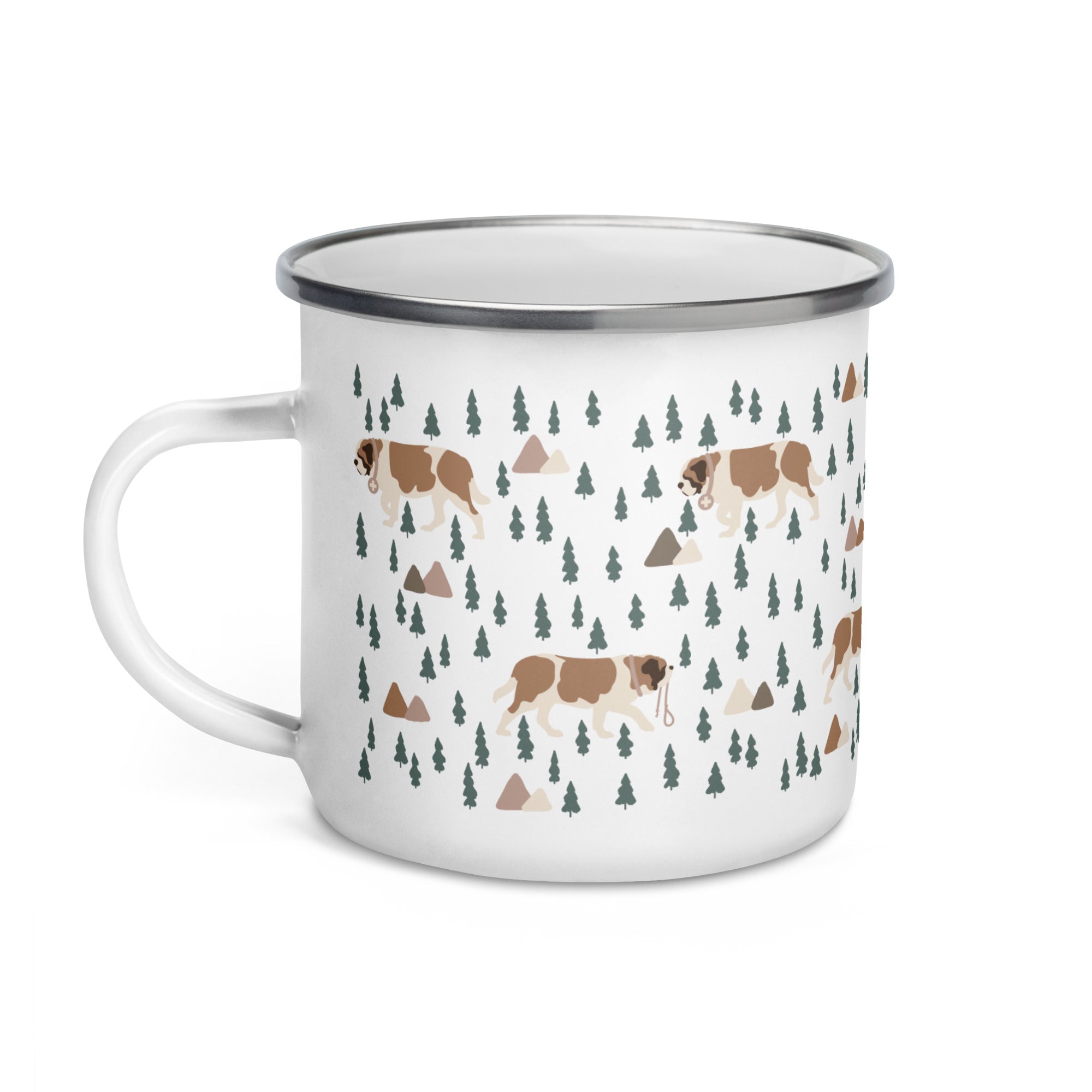 Lightweight 12 oz enamel camp mug. Features a modern pattern of Saint Bernard dogs, mountains and pine trees on a white background by Lucy and Norman