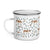 Lightweight 12 oz enamel camp mug. Features a modern pattern of Saint Bernard dogs, mountains and pine trees on a white background by Lucy and Norman
