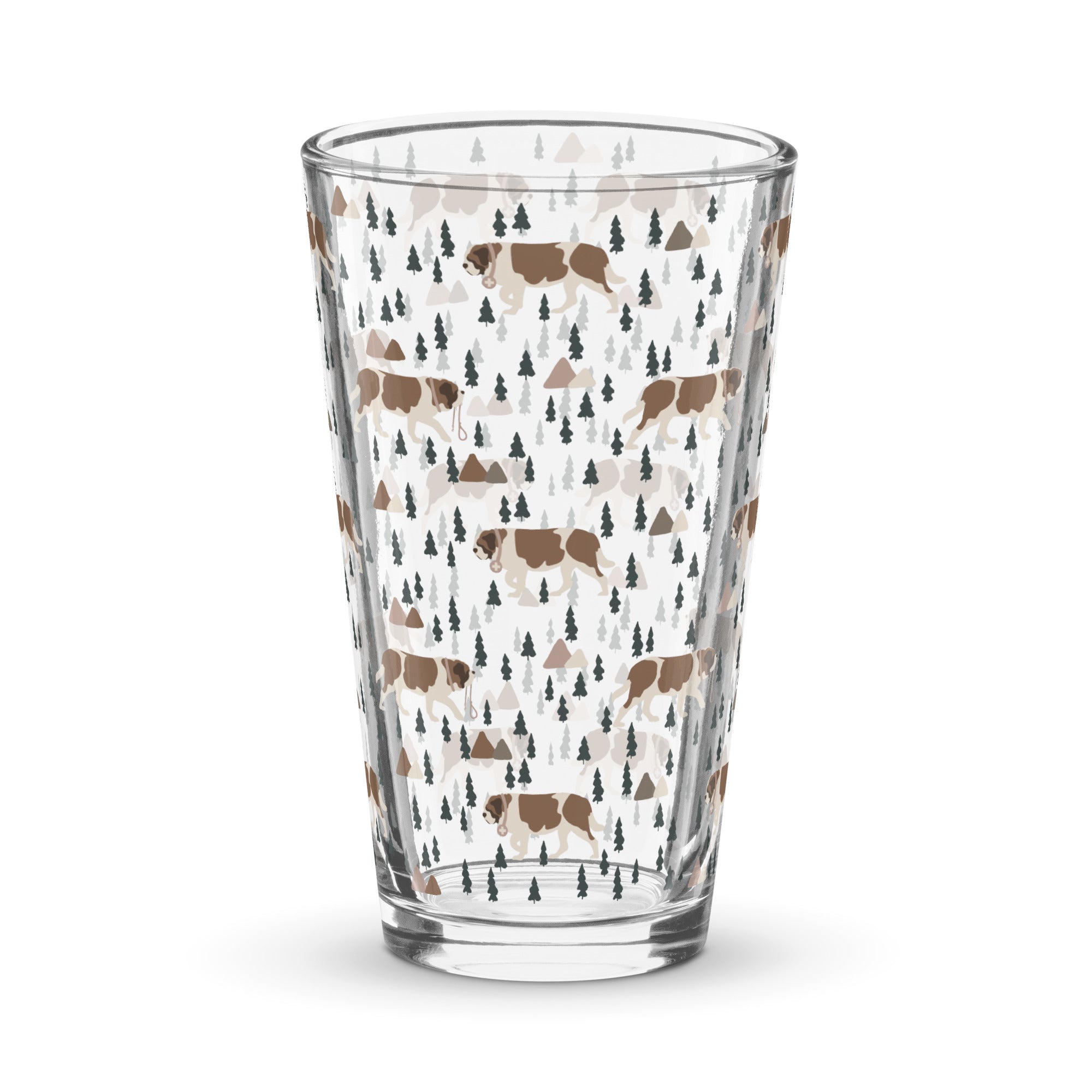 16 oz shaker pint glass with a modern pattern of Saint Bernard dogs, mountains and pine trees by Lucy and Norman
