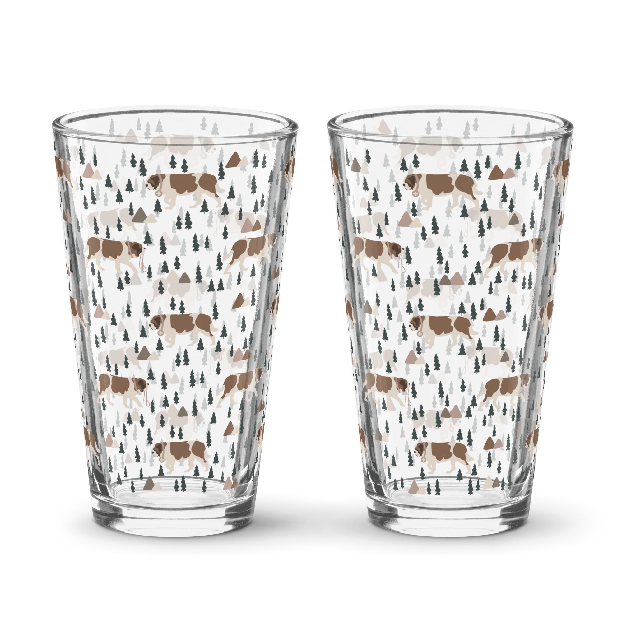 16 oz shaker pint glass with a modern pattern of Saint Bernard dogs, mountains and pine trees by Lucy and Norman