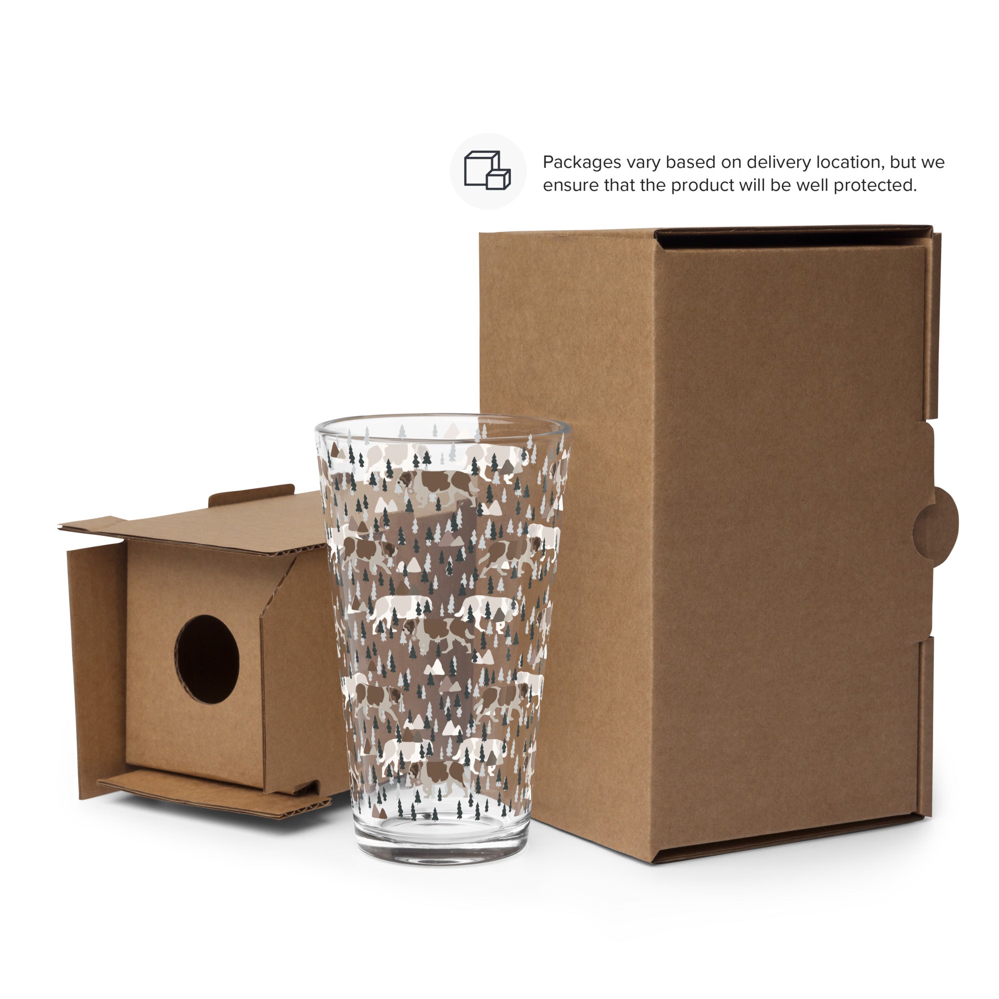 16 oz shaker pint glass with a modern pattern of Saint Bernard dogs, mountains and pine trees by Lucy and Norman