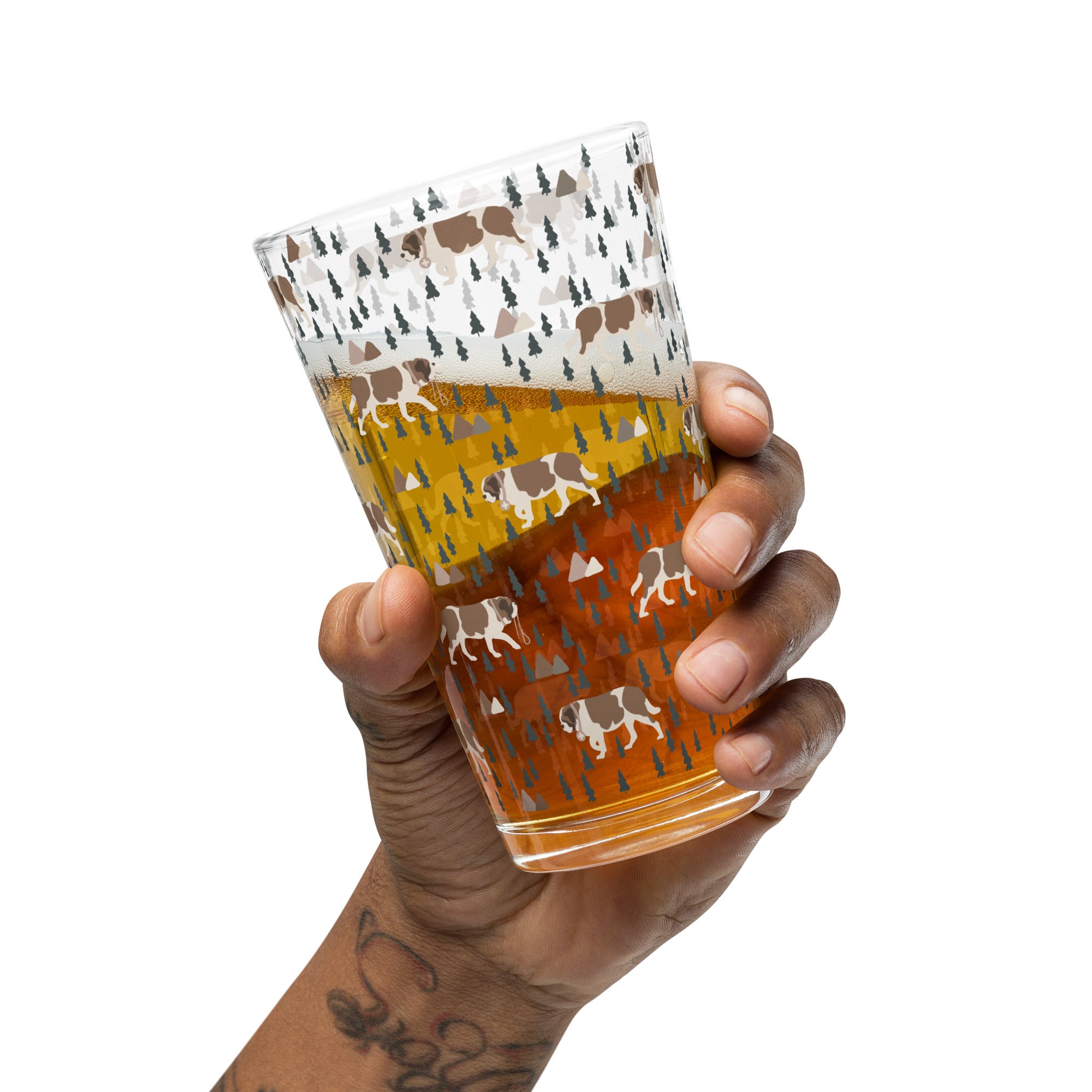 16 oz shaker pint glass with a modern pattern of Saint Bernard dogs, mountains and pine trees by Lucy and Norman