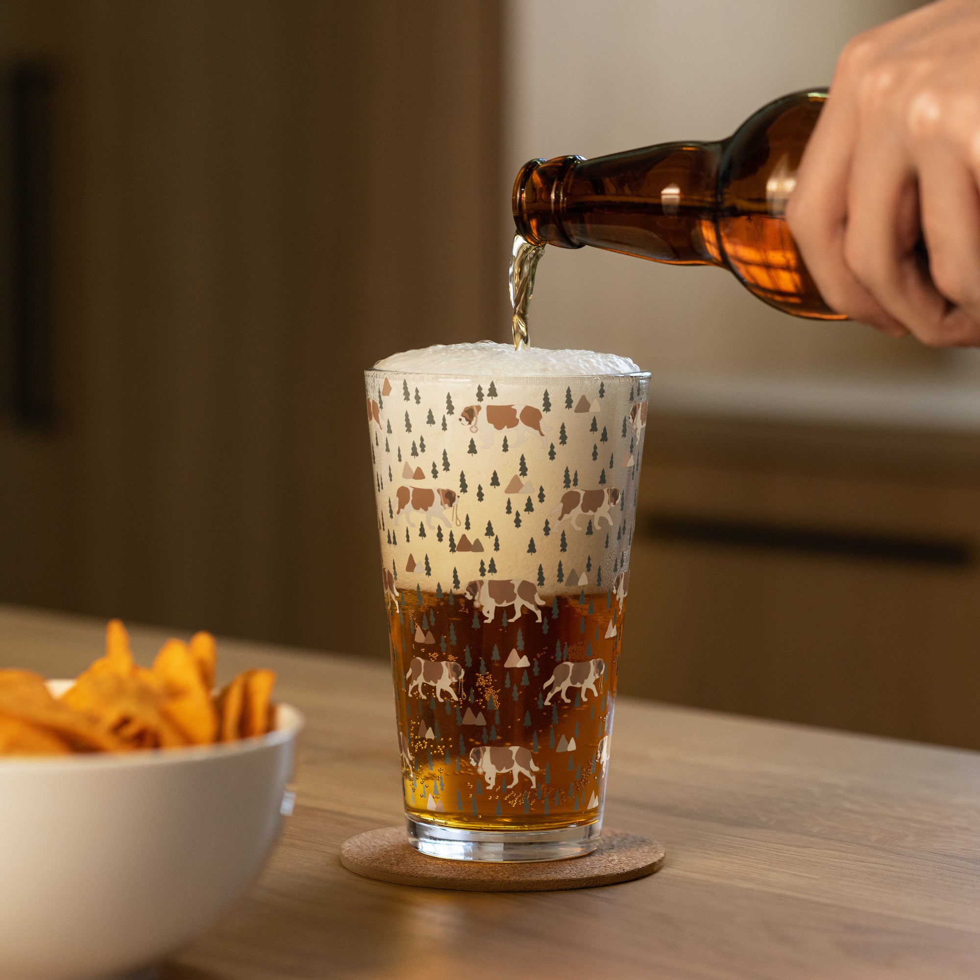 16 oz shaker pint glass with a modern pattern of Saint Bernard dogs, mountains and pine trees by Lucy and Norman