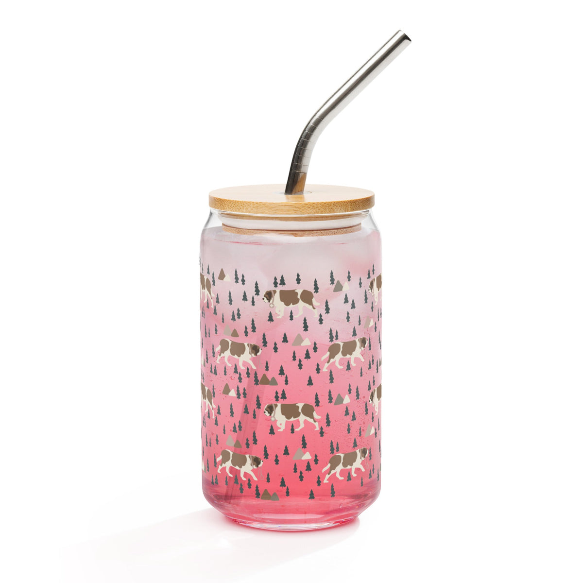 Green Mountains Saint Bernard Can - Shaped Glass with Lid + Straw - Lucy + Norman