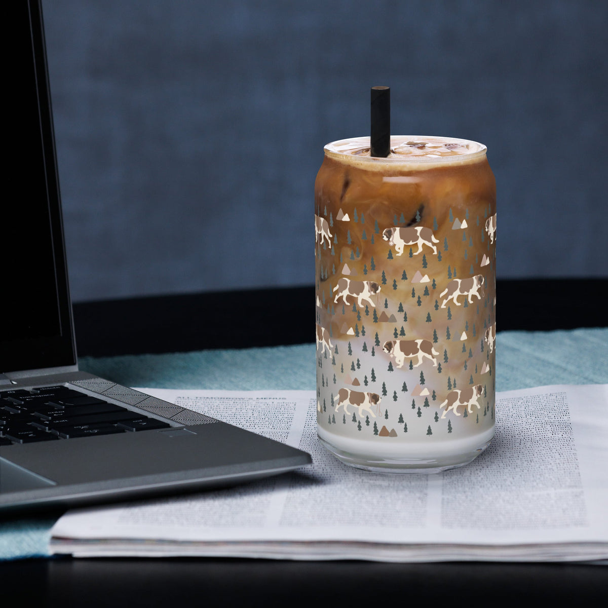 Green Mountains Saint Bernard Can - Shaped Glass with Lid + Straw - Lucy + Norman