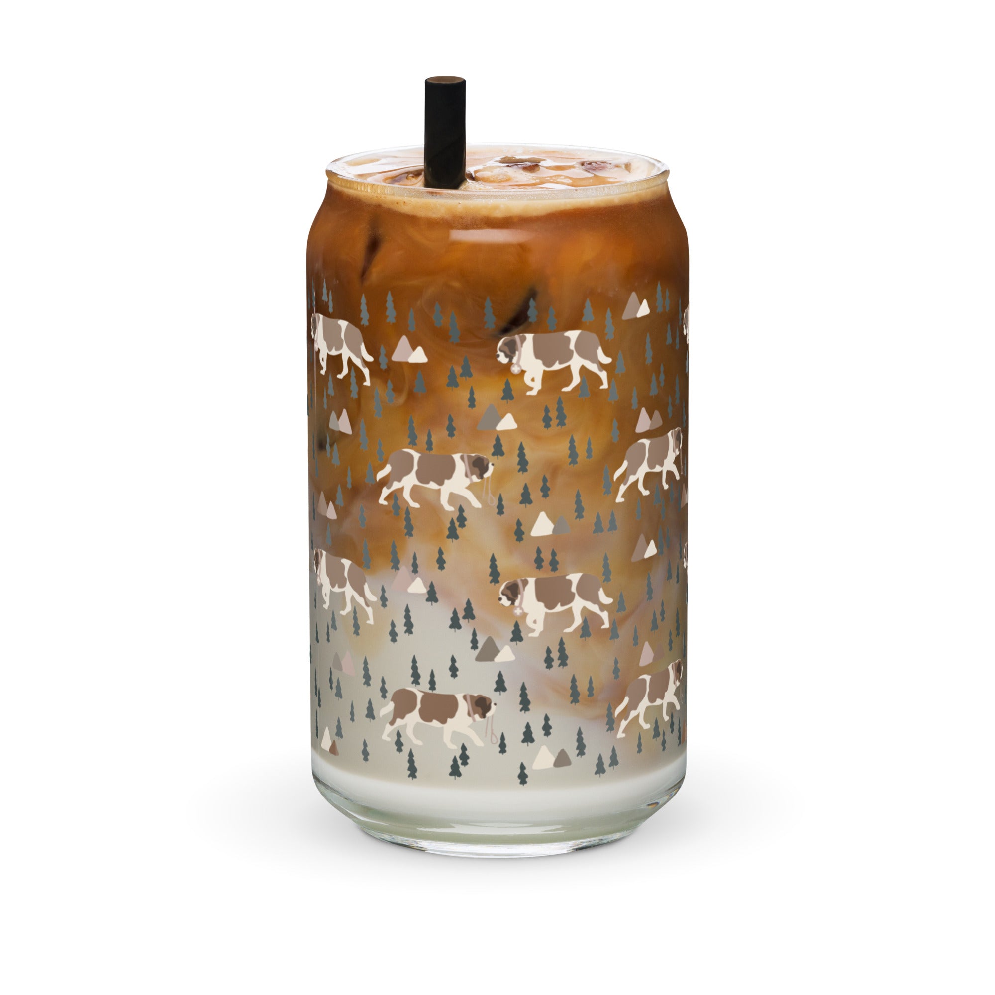 16 oz can-shaped glass tumbler, bamboo wood lid and metal straw. Features a modern pattern of Saint Bernard dogs, mountains and pine trees by Lucy and Norman