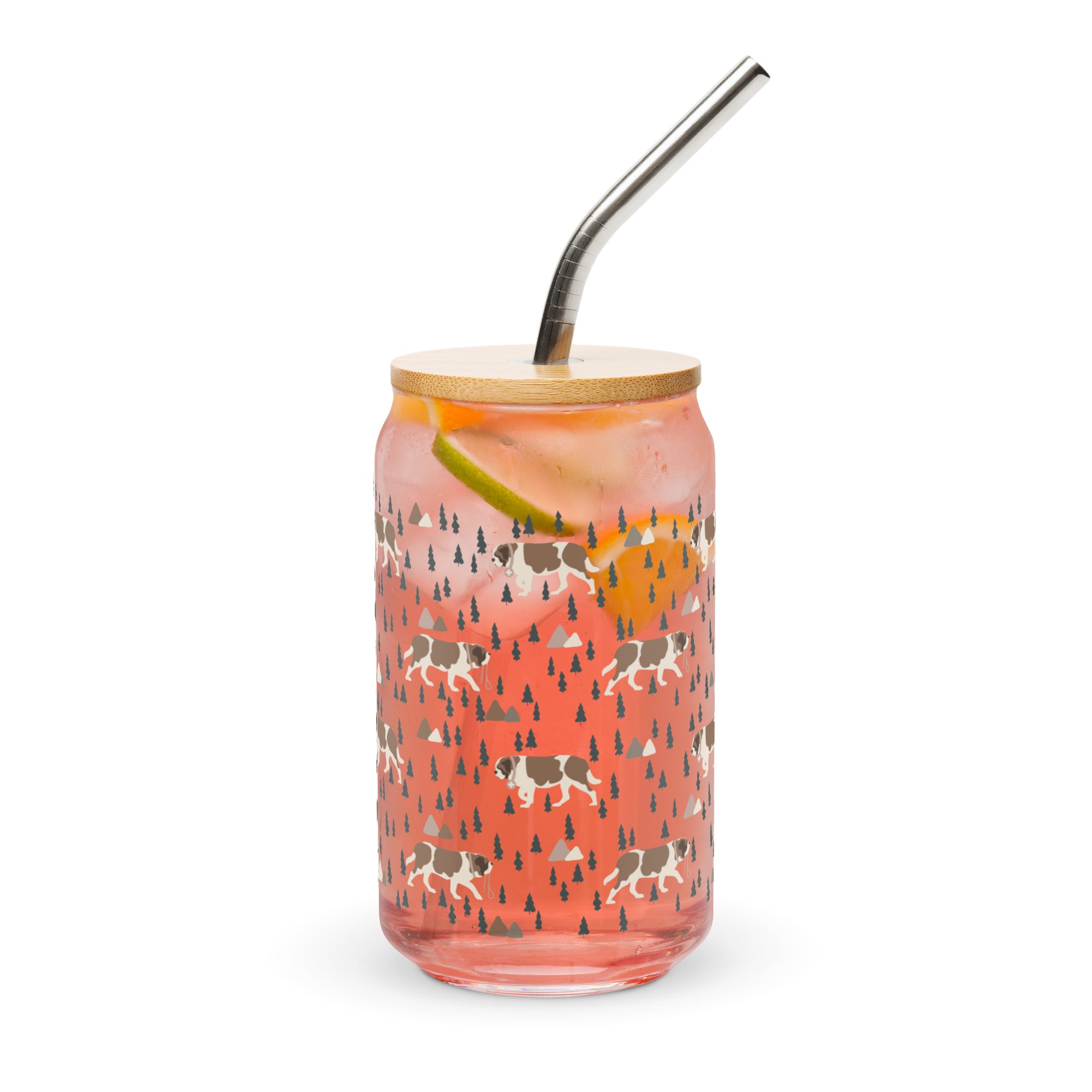 16 oz can-shaped glass tumbler, bamboo wood lid and metal straw. Features a modern pattern of Saint Bernard dogs, mountains and pine trees by Lucy and Norman