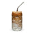 16 oz can-shaped glass tumbler, bamboo wood lid and metal straw. Features a modern pattern of Saint Bernard dogs, mountains and pine trees by Lucy and Norman