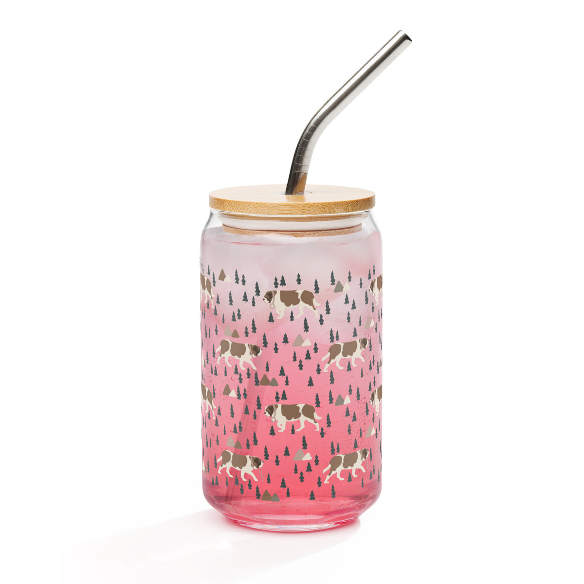 16 oz can-shaped glass tumbler, bamboo wood lid and metal straw. Features a modern pattern of Saint Bernard dogs, mountains and pine trees by Lucy and Norman