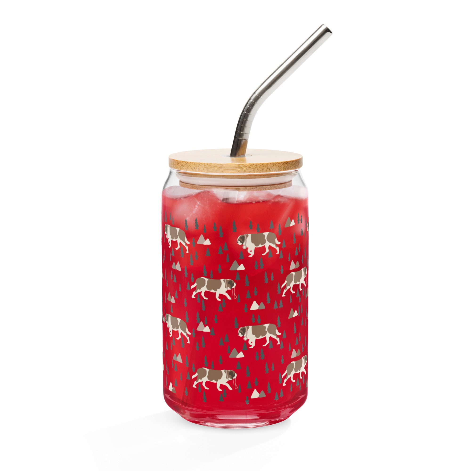 16 oz can-shaped glass tumbler, bamboo wood lid and metal straw. Features a modern pattern of Saint Bernard dogs, mountains and pine trees by Lucy and Norman