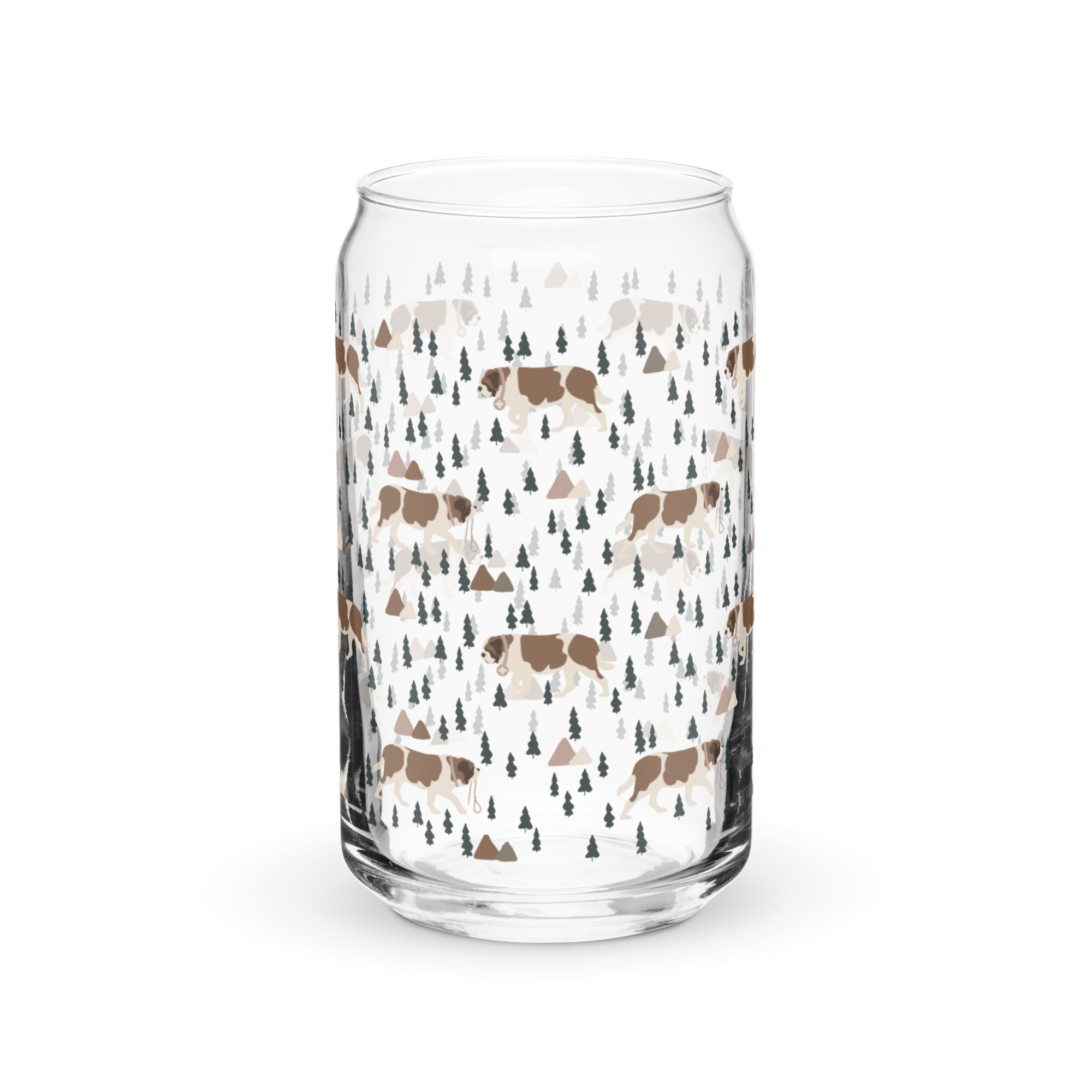 16 oz can-shaped glass tumbler. Features a modern pattern of Saint Bernard dogs, mountains and pine trees by Lucy and Norman