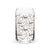 16 oz can-shaped glass tumbler. Features a modern pattern of Saint Bernard dogs, mountains and pine trees by Lucy and Norman