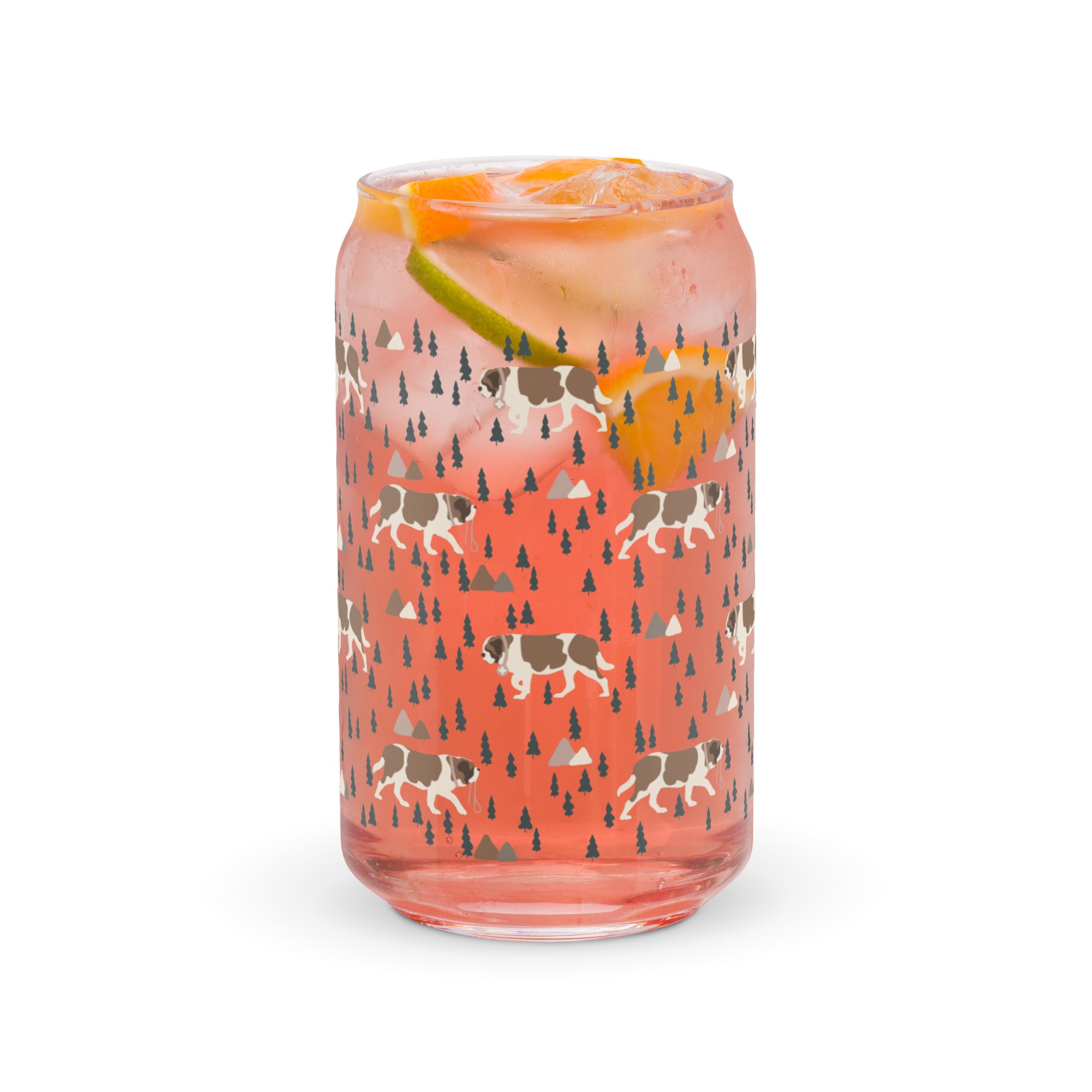 16 oz can-shaped glass tumbler. Features a modern pattern of Saint Bernard dogs, mountains and pine trees by Lucy and Norman