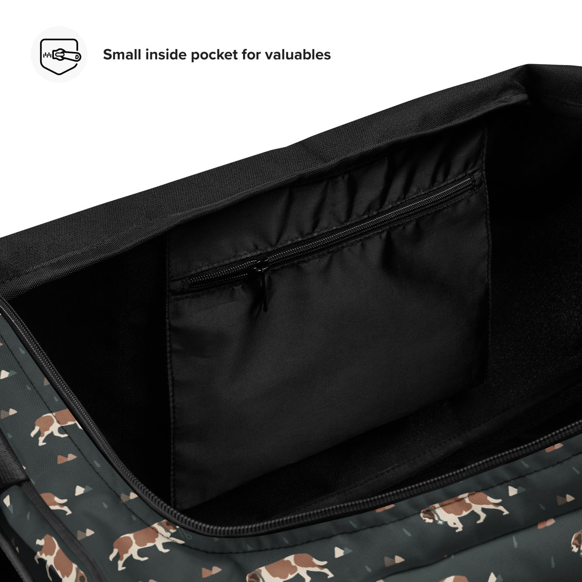 Green Mountain Saint Bernard duffle bag with adjustable padded black shoulder strap, handles, zip compartment, and mesh side pocket on dark green background with mountains, pines and dog pattern.