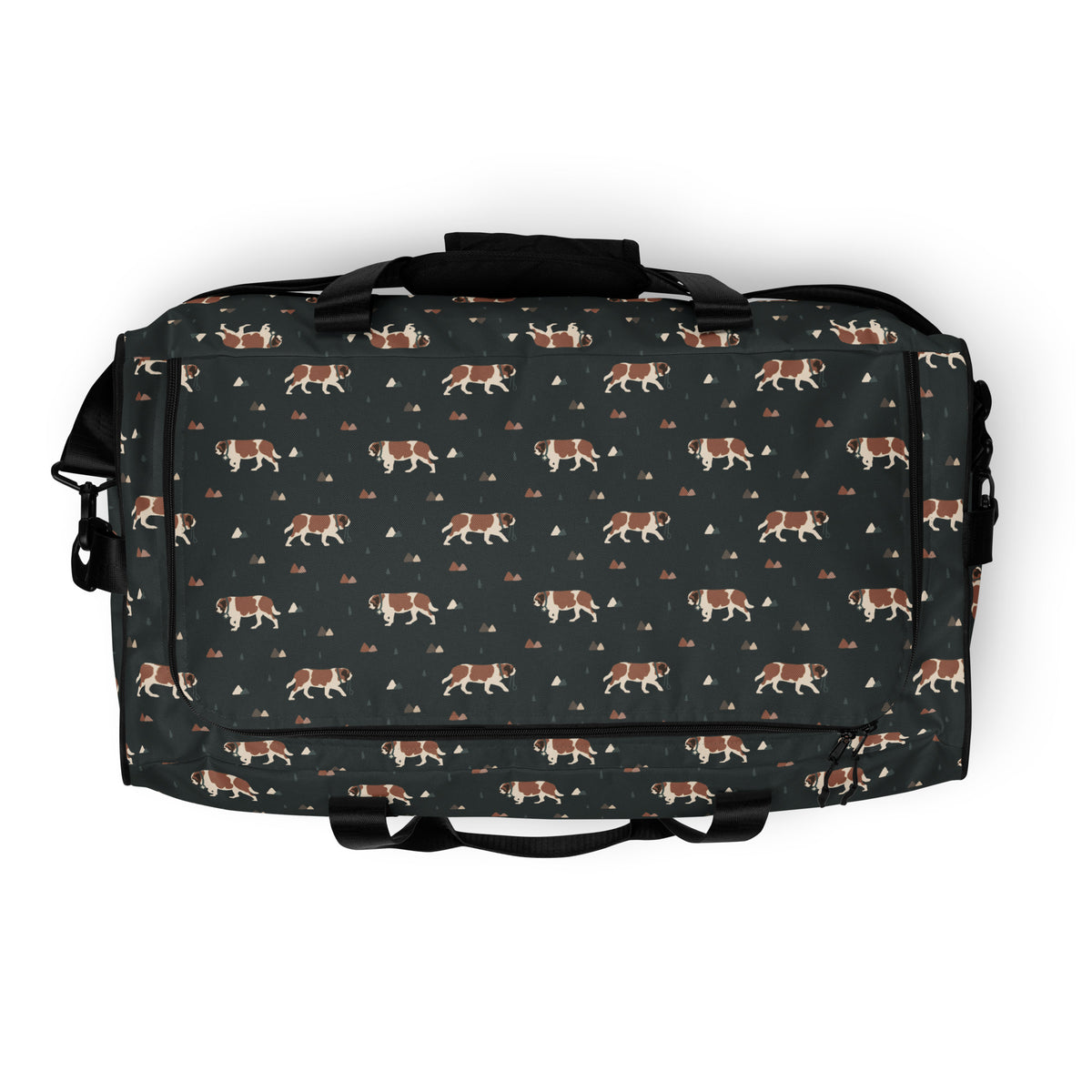 Green Mountain Saint Bernard duffle bag with adjustable padded black shoulder strap, handles, zip compartment, and mesh side pocket on dark green background with mountains, pines and dog pattern.