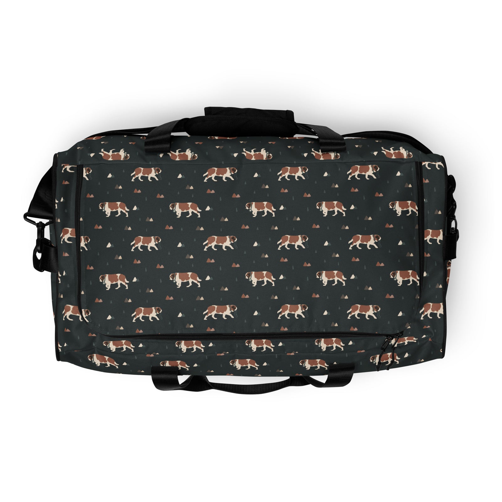 Green Mountain Saint Bernard duffle bag with adjustable padded black shoulder strap, handles, zip compartment, and mesh side pocket on dark green background with mountains, pines and dog pattern.