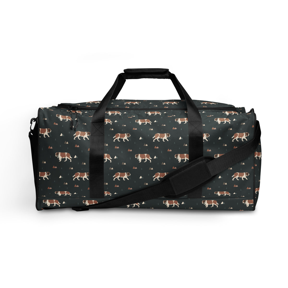 Green Mountain Saint Bernard duffle bag with adjustable padded black shoulder strap, handles, zip compartment, and mesh side pocket on dark green background with mountains, pines and dog pattern.