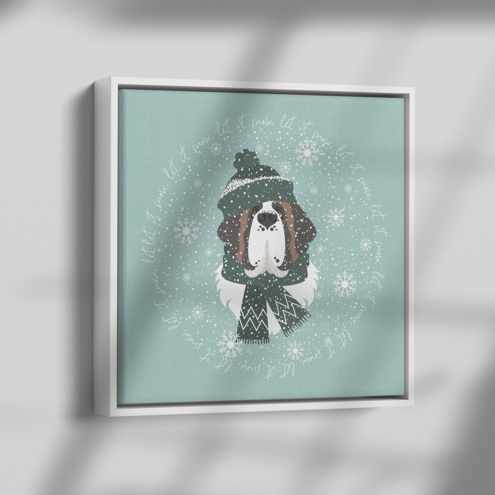 Let It Snow Saint Bernard Square Framed Canvas - Lucy + Norman