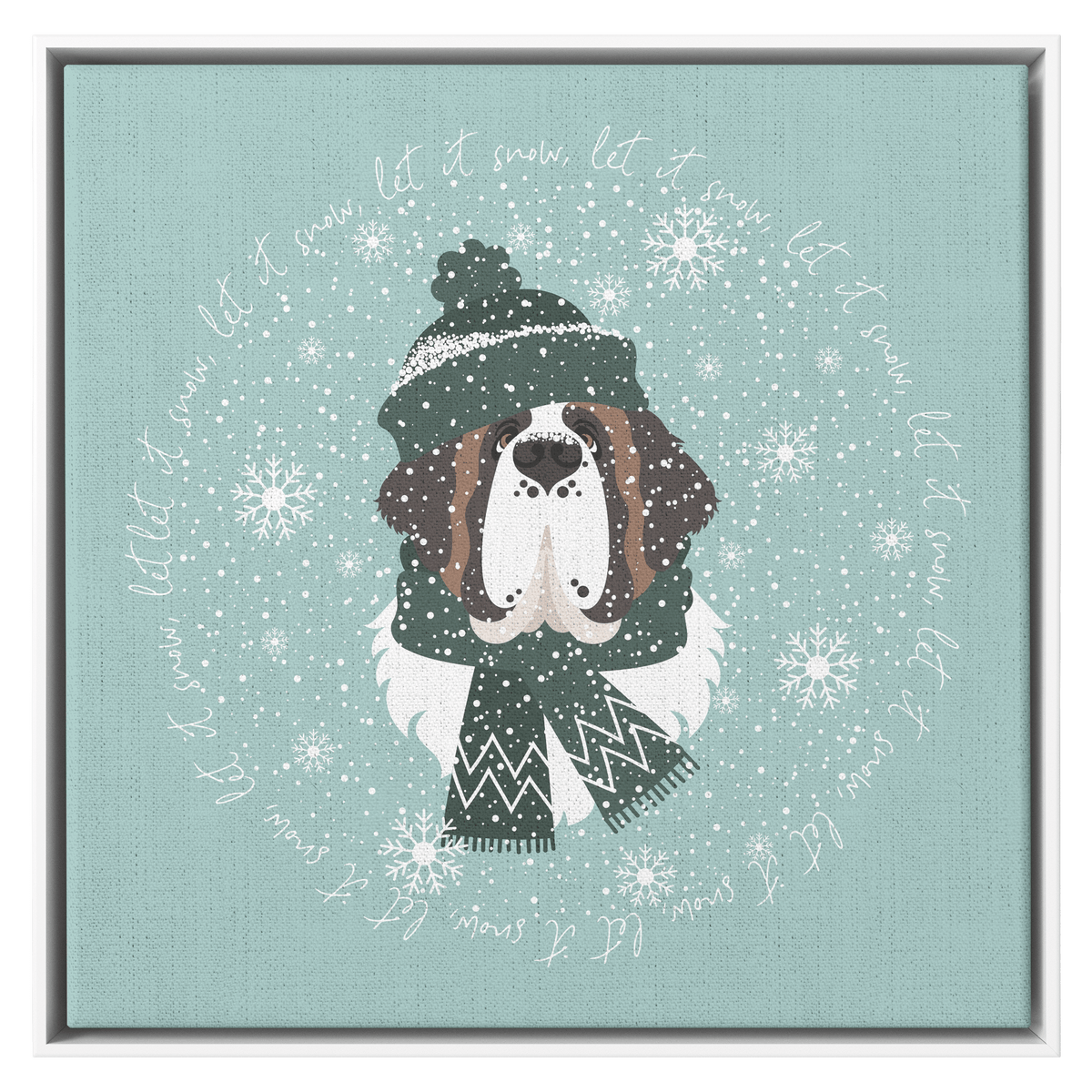 Let It Snow Saint Bernard Square Framed Canvas - Lucy + Norman