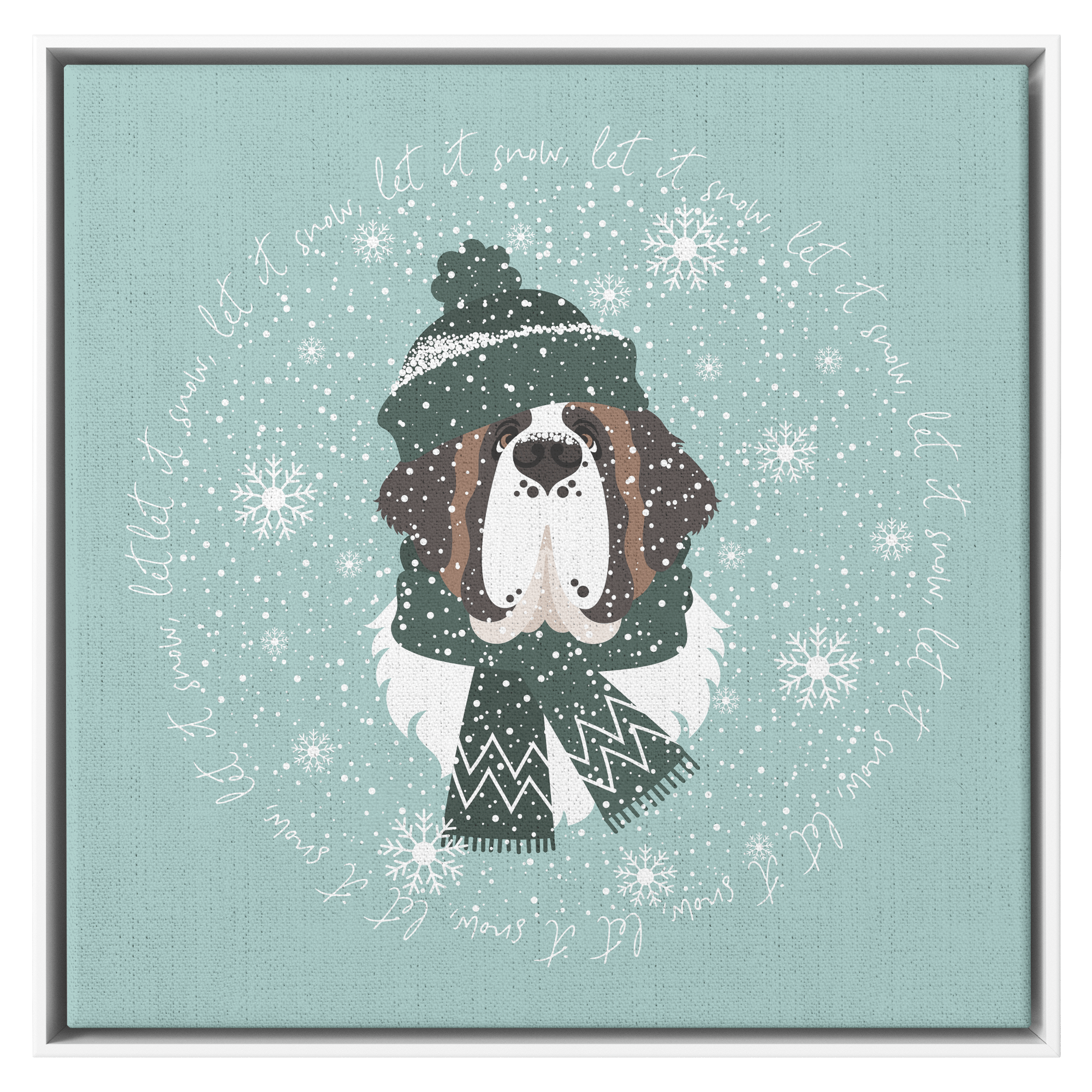 Let It Snow Saint Bernard Square Framed Canvas - Lucy + Norman