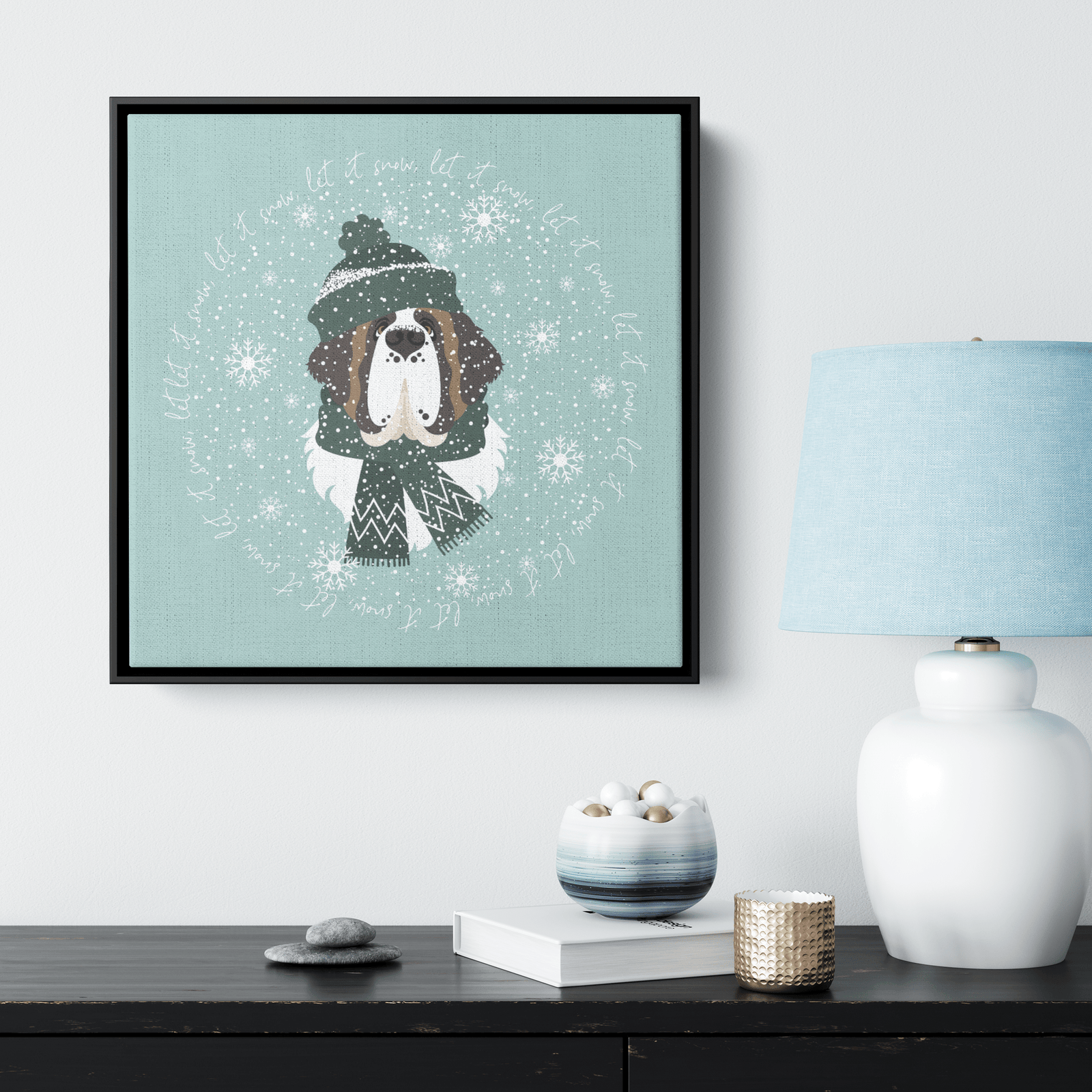 Let It Snow Saint Bernard Square Framed Canvas - Lucy + Norman