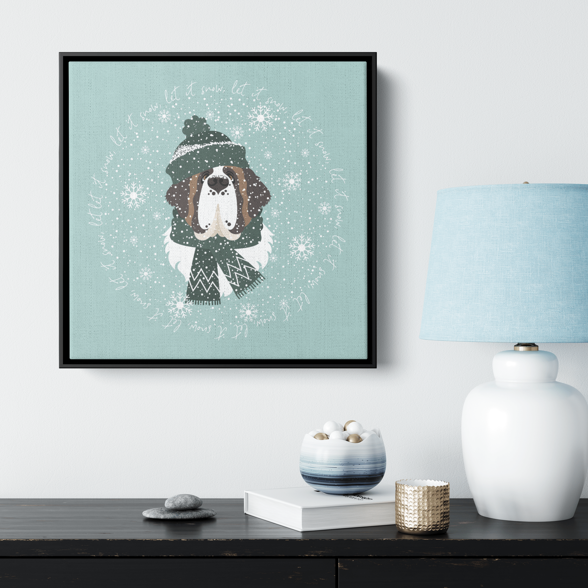 Let It Snow Saint Bernard Square Framed Canvas - Lucy + Norman