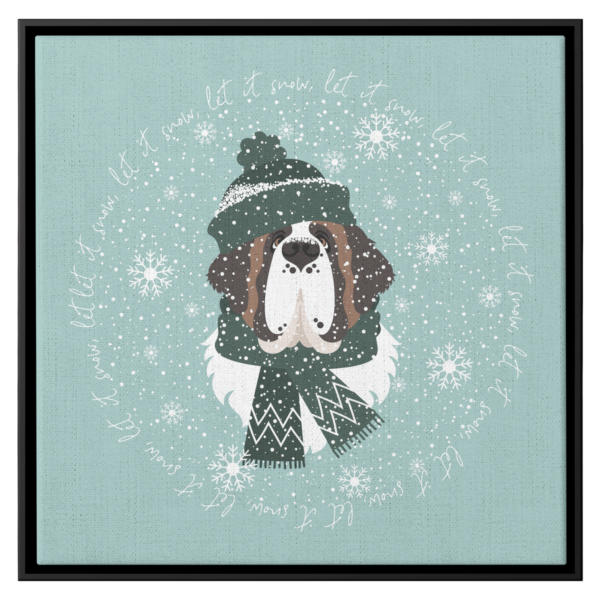 Let It Snow Saint Bernard Square Framed Canvas - Lucy + Norman