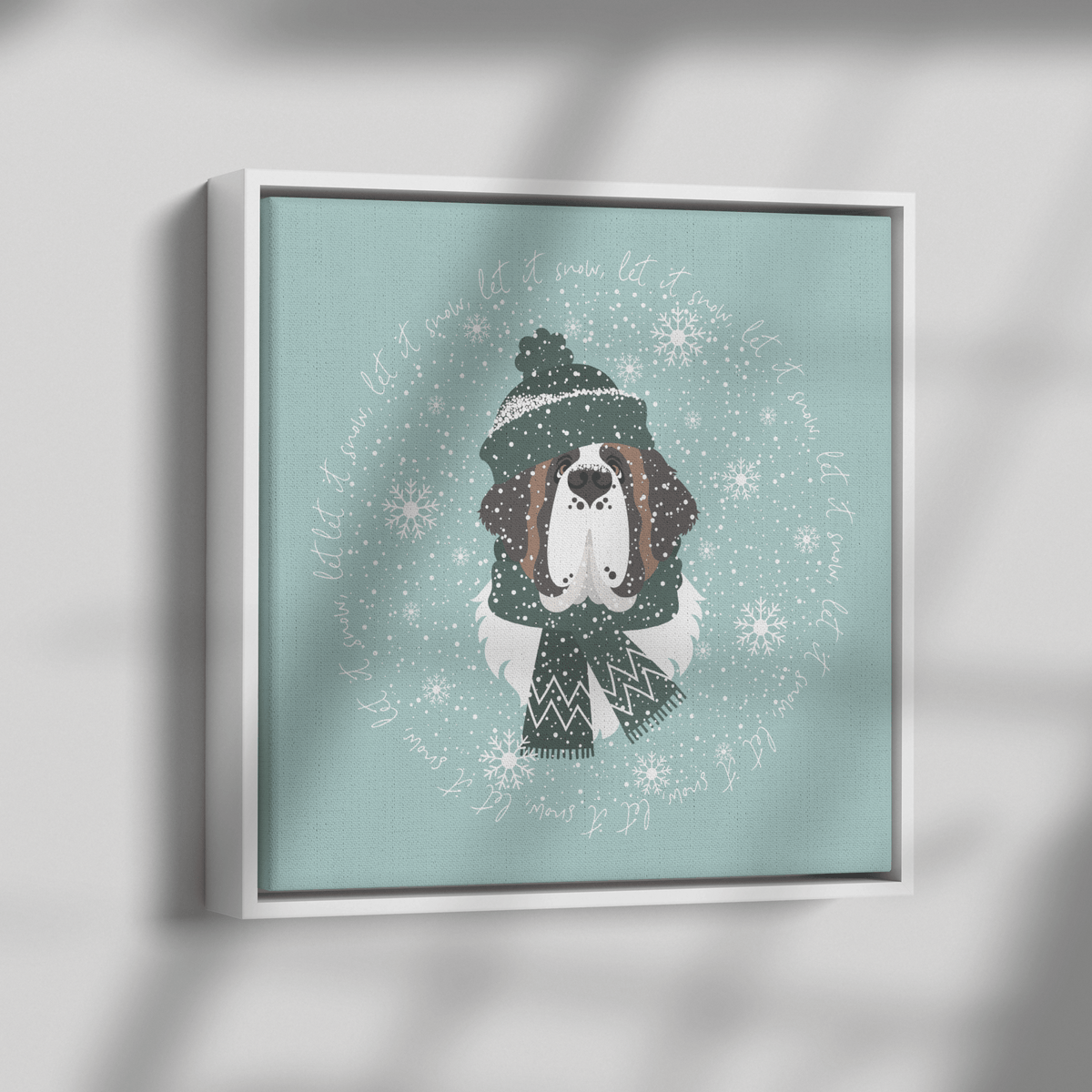 Let It Snow Saint Bernard Square Framed Canvas - Lucy + Norman