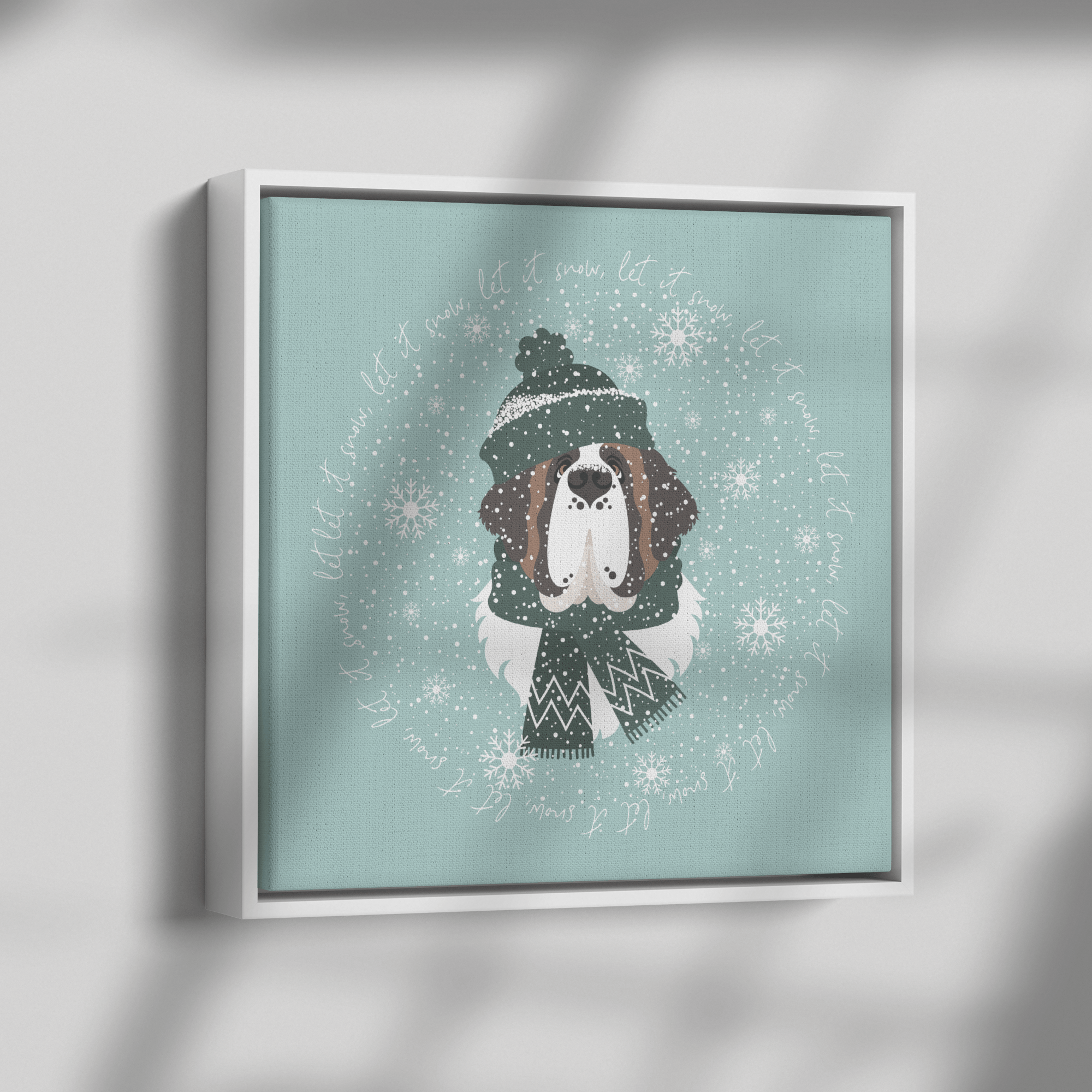 Let It Snow Saint Bernard Square Framed Canvas - Lucy + Norman