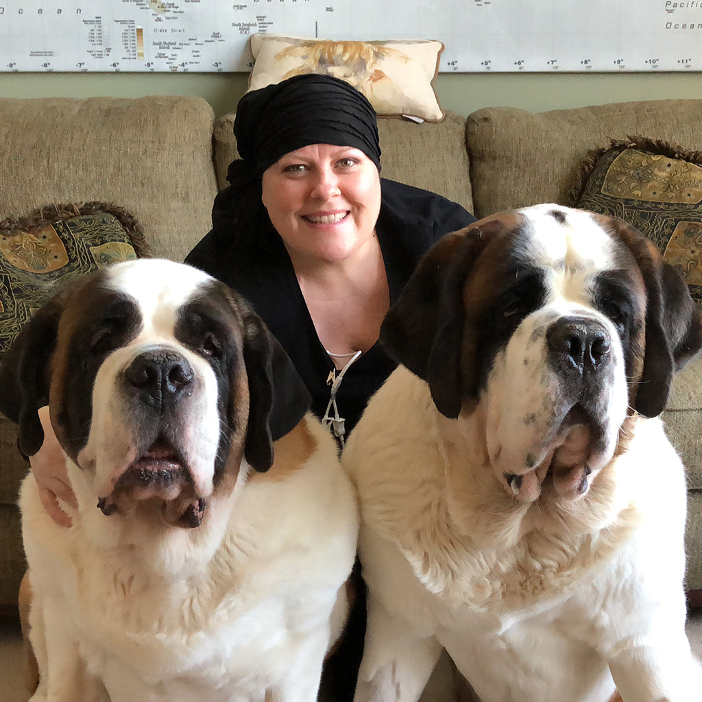 Big dog mom with her Saint Bernards